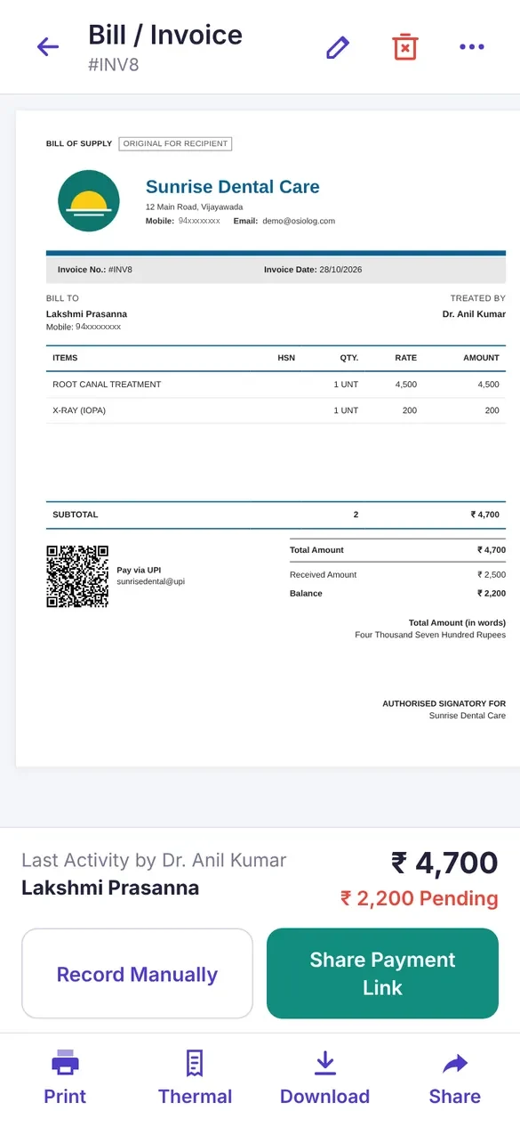 A bill on a phone with print, thermal and share buttons