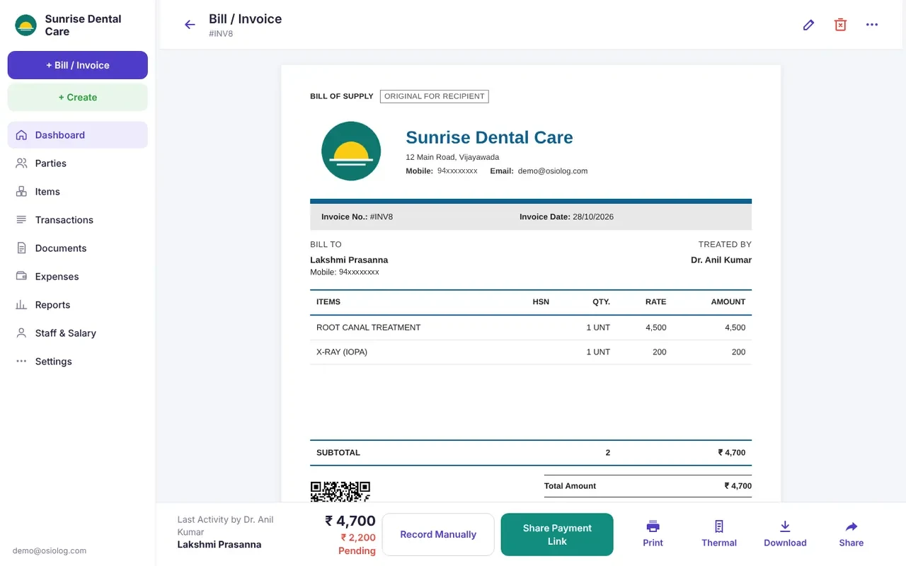 A bill in Osiolog Billing