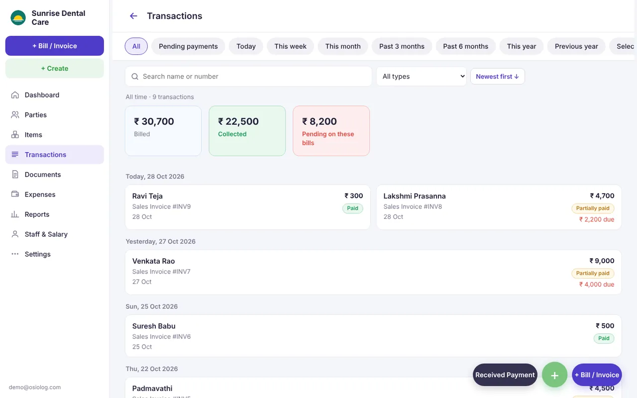 List of bills and payments
