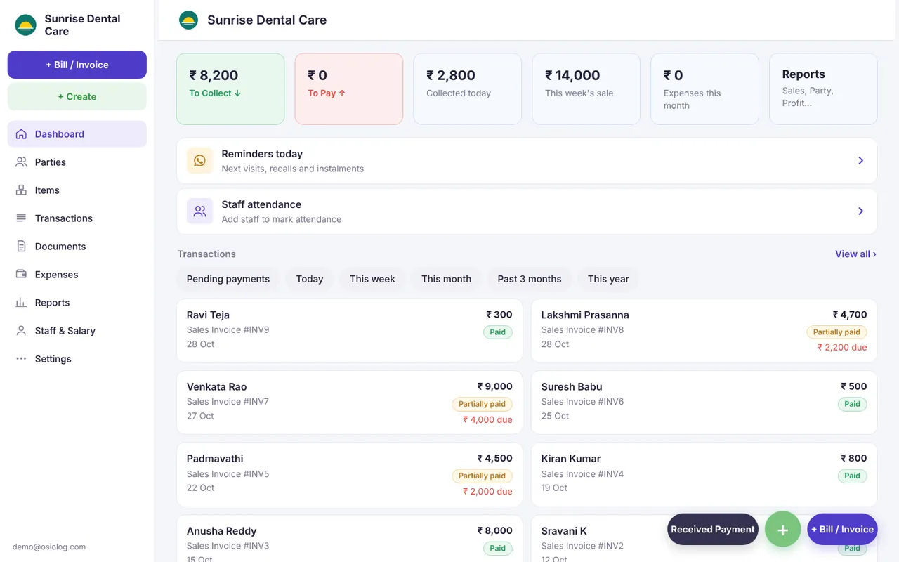 Osiolog Billing dashboard with amounts to collect and recent bills