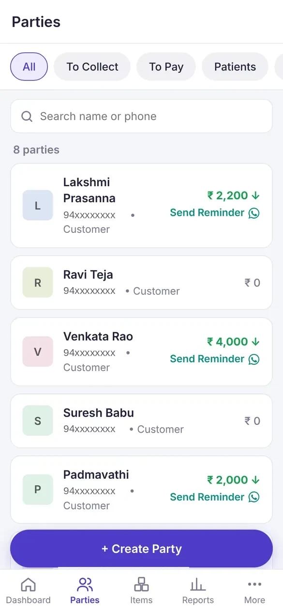 Patients with dues and reminder buttons on a phone