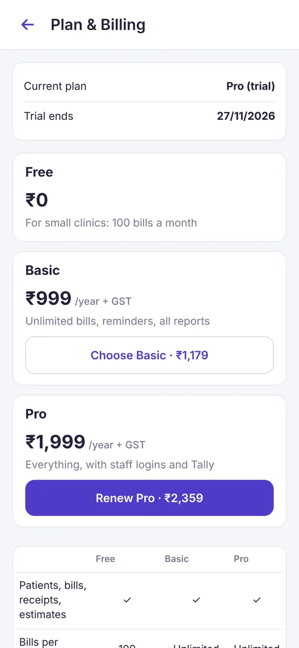 Billing plans screen on a phone