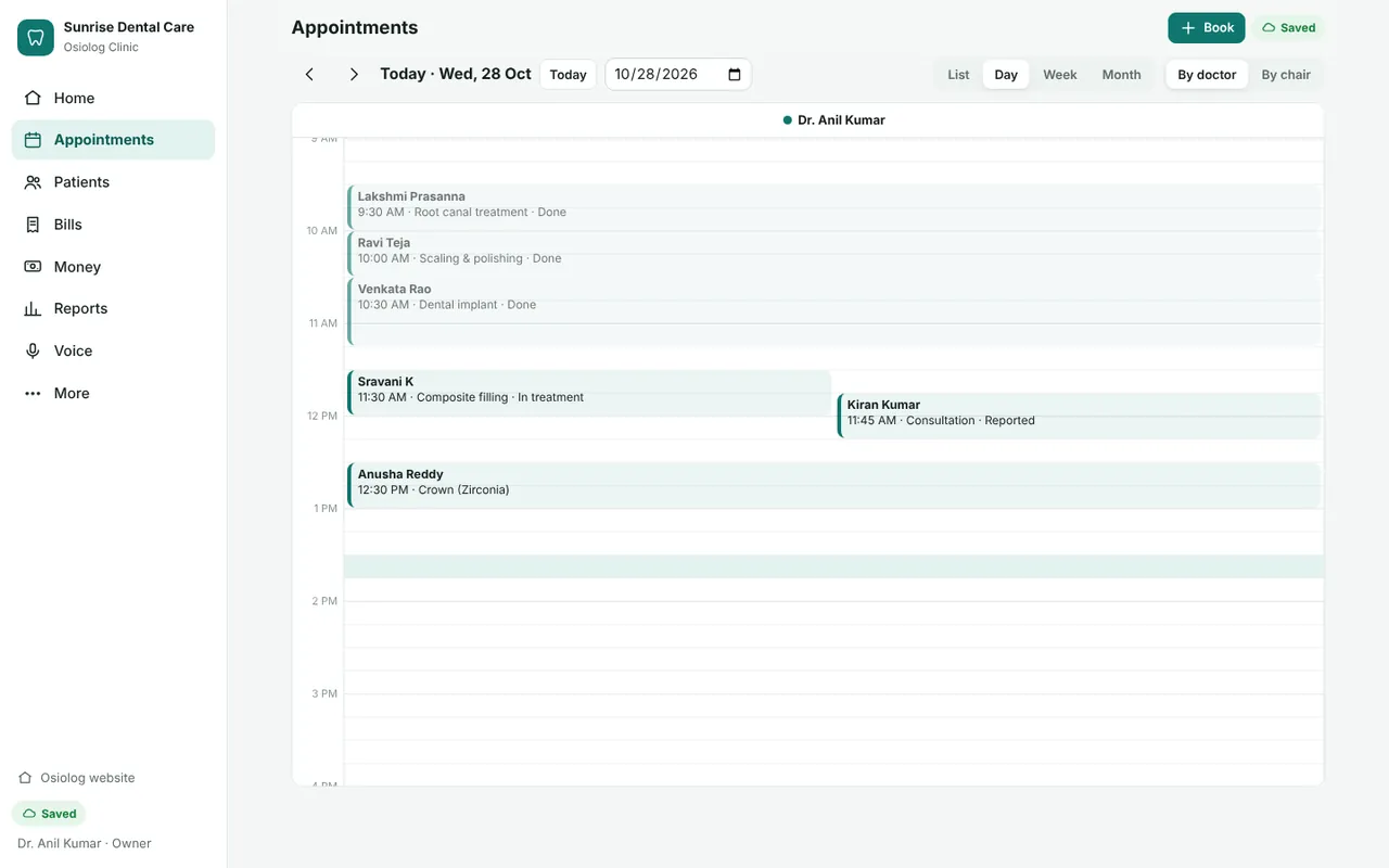 Osiolog Clinic appointment calendar for the day