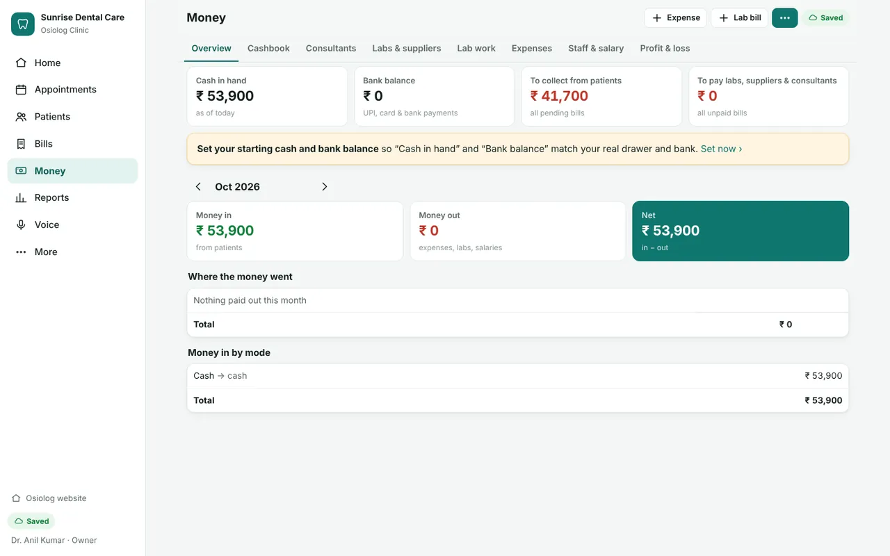 Money overview with cash in hand and money to collect