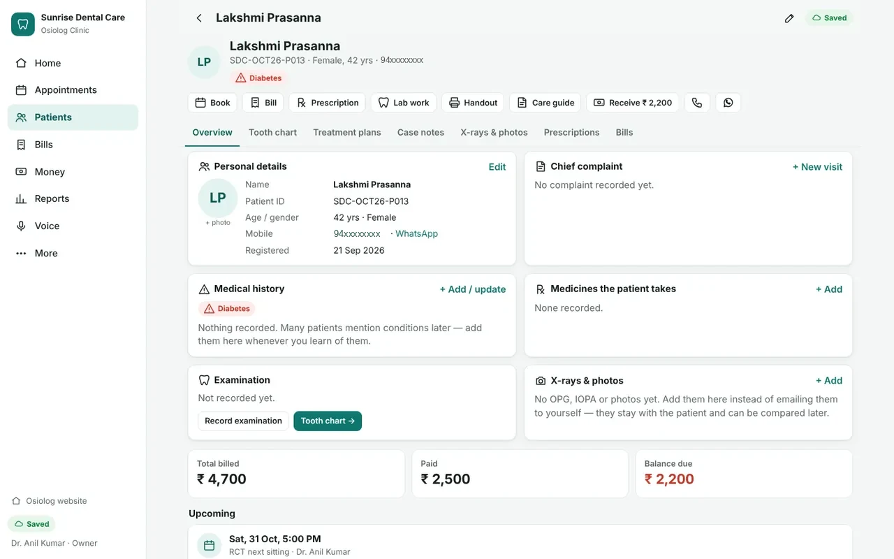 Patient file with medical alert, details and balance due