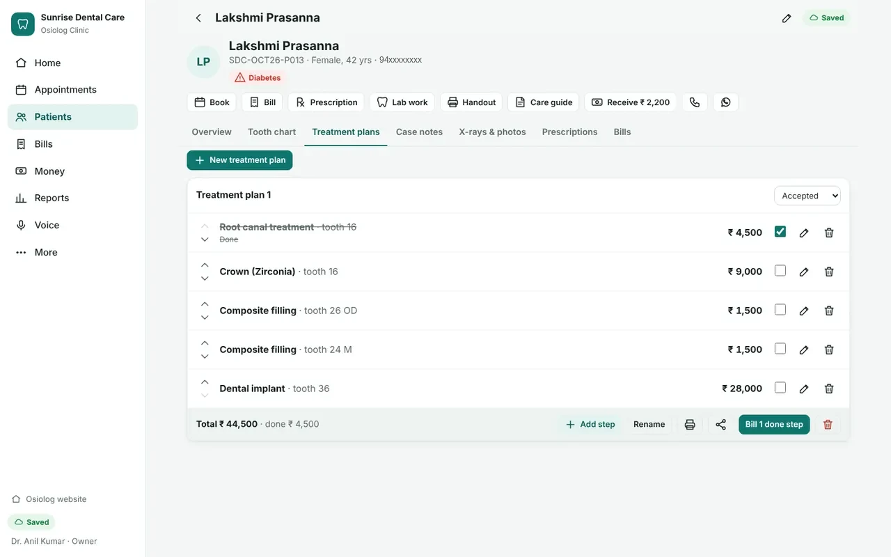 Treatment plan with steps and fees