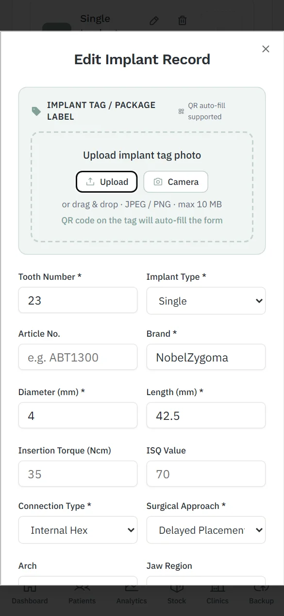 Implant record with brand, size and tag photo upload on a phone