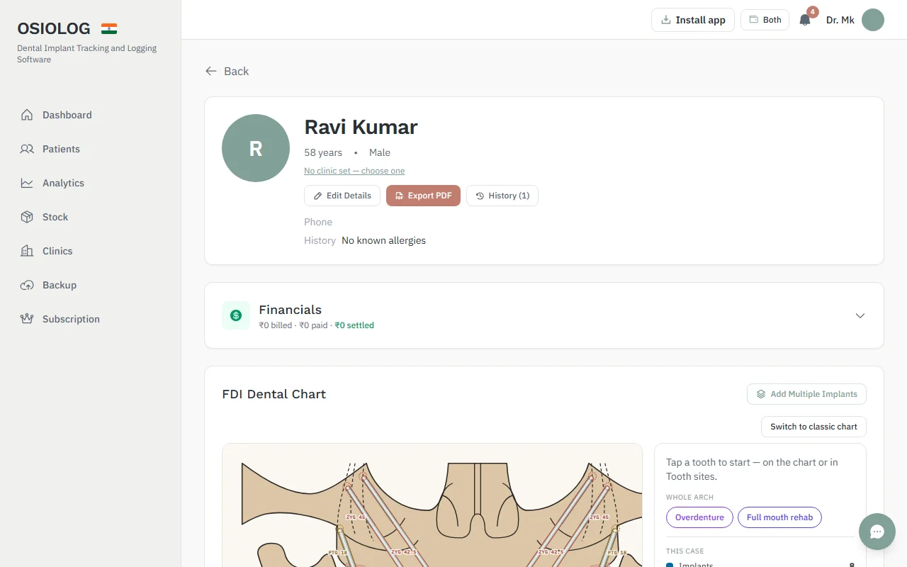 Patient page with the Export PDF button